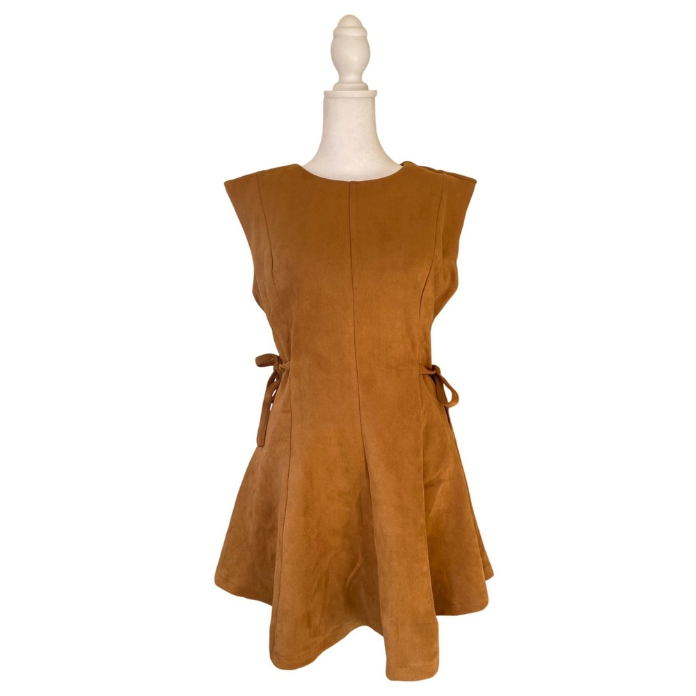 Camel Suede Fit n Flare Ribbon Brown Mini Skater Dress Medium Western Boho Femme